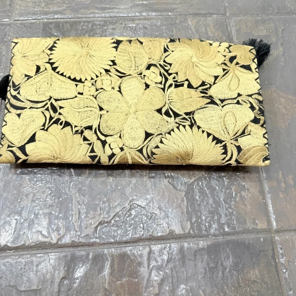 Black & Gold Embroidered Tassel Clutch Boho Statement Envelope Bag